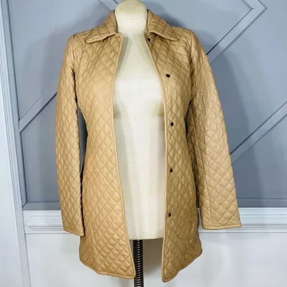 New Neiman Marcus Leather Collection Quilted Lamb Leather Trench Coat Neutral Ca - Picture 1 of 10
